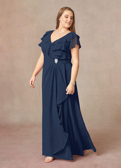 Dark Navy A-Line V-Neck Ruched Chiffon Dress