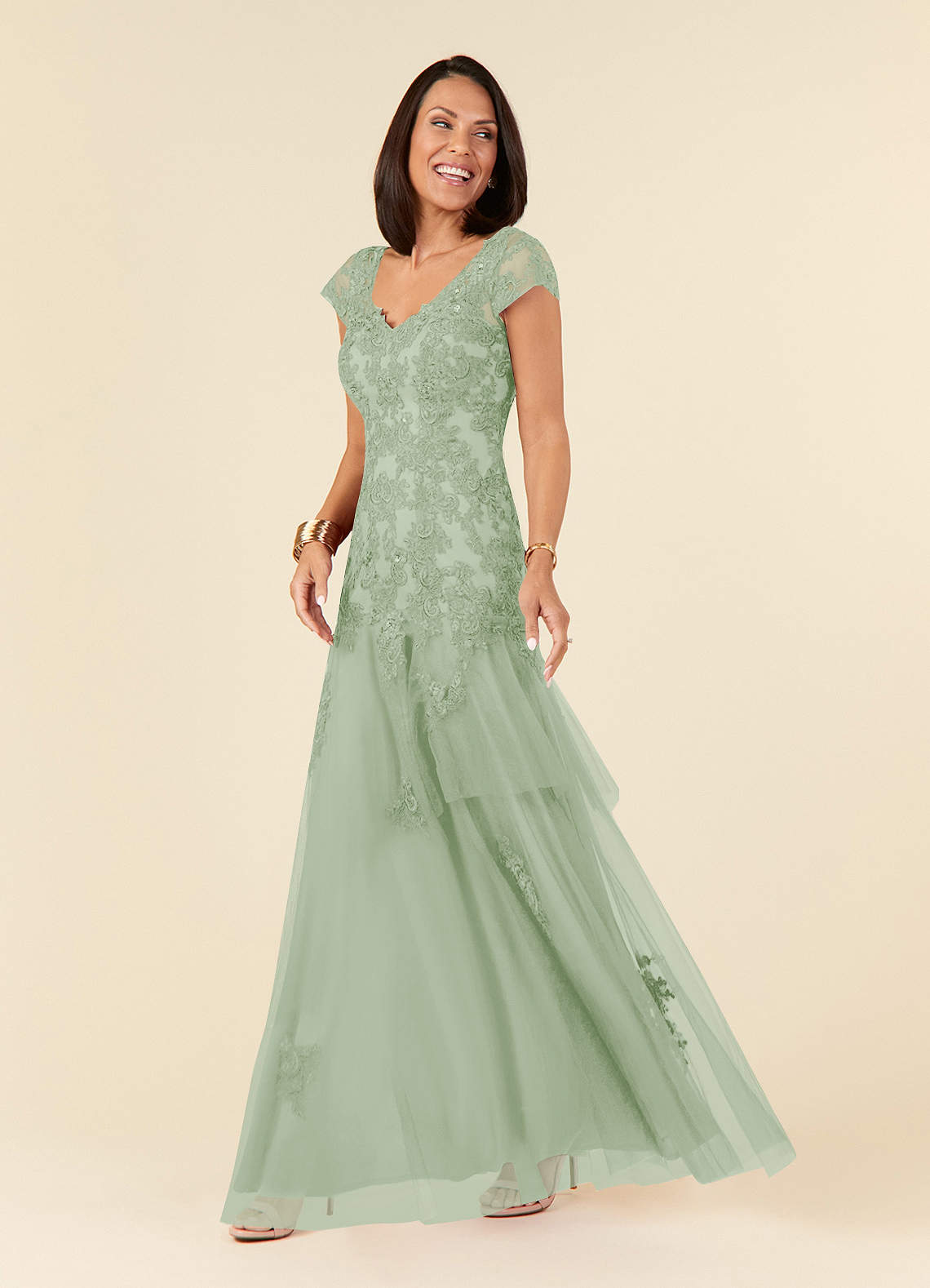 Dusty Sage Mermaid V-Neck Sequins Tulle Dress
